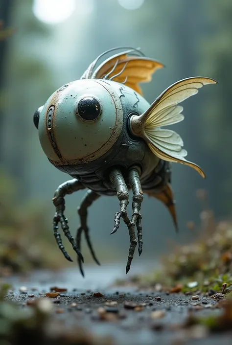  a round magnetic floating robot in the air with a fish flow fin and articulated side fins with retractable mini fingers, a vision of an owl, an ear like a wax moth.