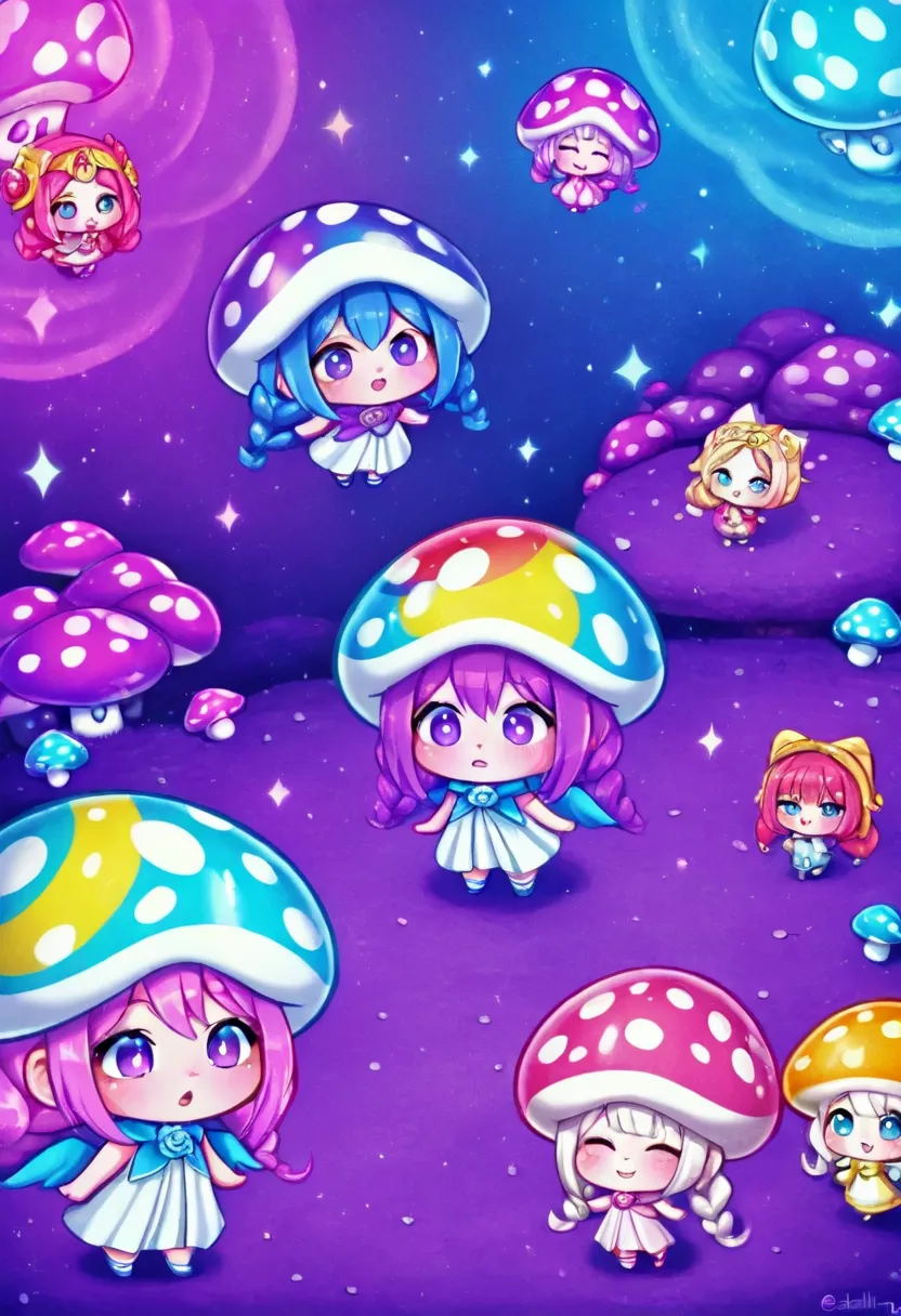 dmt art style, (a white chibi cute girl:1.3),(Dense mushrooms, of different heights, will shine:1.1), The girl leaned against the mushroom,Gleaming mushrooms,illusion,(catling:1.1),colorful,purple,blue,rose hermosa,Dream scene,
