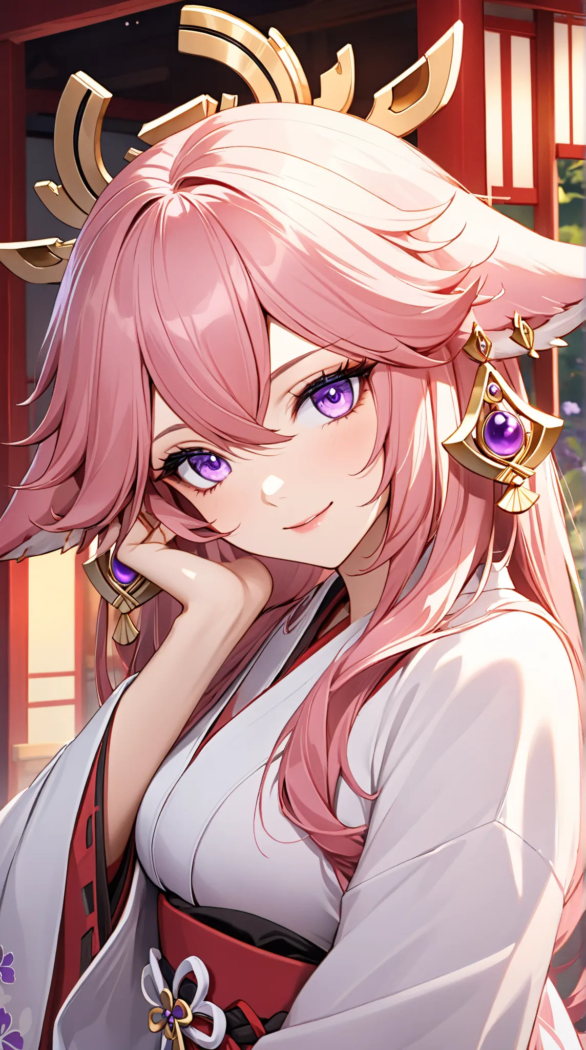 (Extreme close-up, Face-focused portrait)) "Yae Miko from Genshin Impact, a beautiful and elegant kitsune priestess with long pink hair, fox-like ears, and striking violet eyes, dressed in a stylish yet casual modern outfit. She wears a soft kimono-style c...