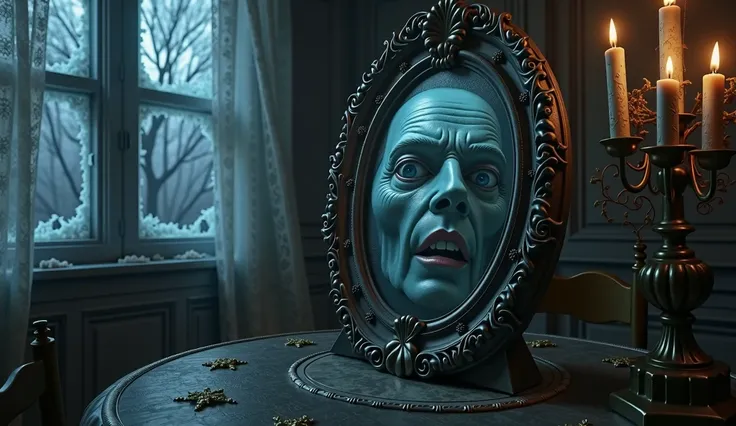 realistic image of a HAUNTED MIRROR IN A ROOM at night, in the illuminated night, cold night and macabre liquid darkness