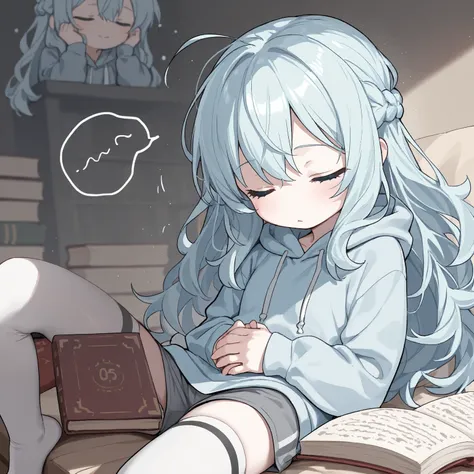 (masterpiece,best quality:1.2),solo,a cute girl:0.7\(chibi,(closed-up eyes:1.5),french braid hair on top,light blue hair, long hair,fluffy hair,french braid hair on top,white skin,no nose,small mouth,hold her hands on her head,confusing expression,clothes\...