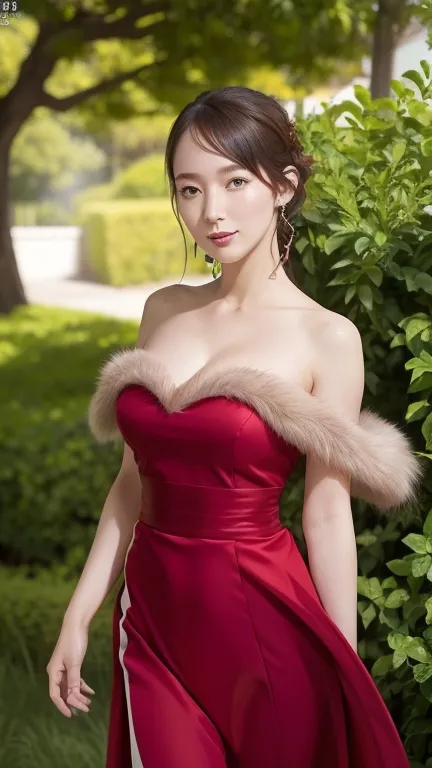  masterpiece,  graceful mature woman with shiny red eyes, (Riho Yoshioka),  beautiful face, detailed faces,beautiful eyes, detailed nose and lips, smiles, Slender Woman, medium breasts,thin waist, thin legs,Long fur coat, I'm wearing a medieval dress, Medi...