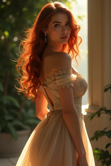 A woman with bright and long hair, a thin waist body and a big ass and breasts in a beautiful dress. 