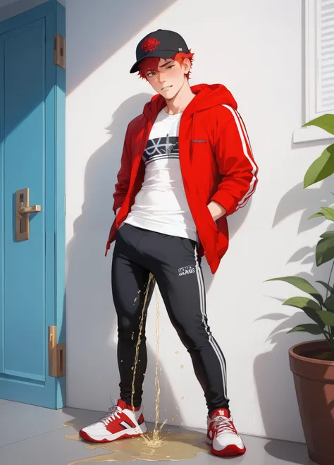 LiaqN.Red haired man.Handsome.Wearing a red hoodie cap black skinny pants Hi Top Sneakers.He couldn't hold his pee.There is a large pee wet spot on his crotch.Pee stain on his pants.Pee wet spot on his crotch.He is ashamed of peeing himself