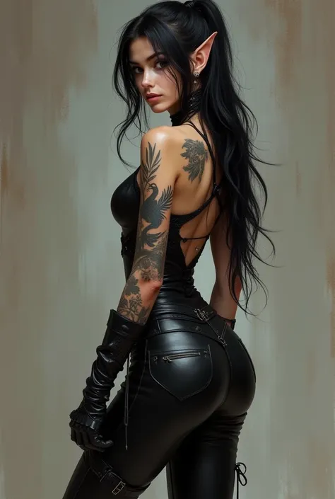 create a HOT looking tall young women half-elf, half-human, thin with higly accented curves. thief with a short bow on her back as a d&d realistic character with black hair in a hot outfit with crow theme. she has plain skin with maybe some tattoos