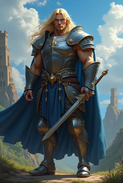 Create an image of a warrior in a medieval fantasy setting. Strong white tall blue eye blond hair