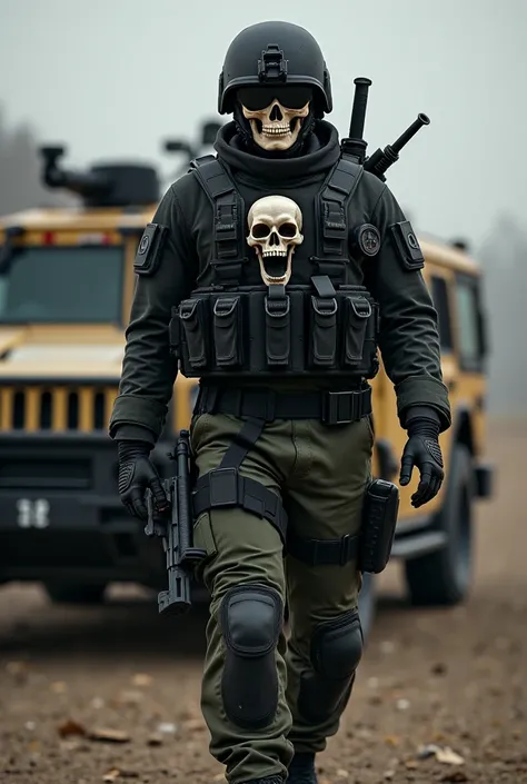 Create animation of soldiers from specialized forces wearing black and green uniform black helmet black vest with the skull with the knife stuck in the skull in the chest rifle in the hand walking the information in v with a light armor in the background m...