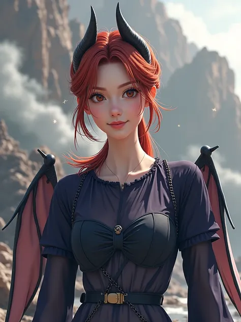 1 girl, high resolution , masterpiece, multi-award winning , best quality , High details, super detailed , textured skin , UHD, black hair, Breasts, redhead, smile, Demon Horns, Sparkle effect, Action picture, OctaneRender 8K, anime, Apocalypse, Demon wing...