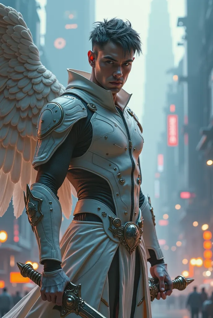  Angel soldier with krill and sword, Cyberpunk,  Handsome boy .  realistic face . 8 k. ultra realistic yellow-blue