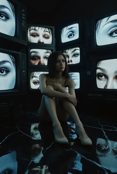 A **brunette woman in full SAD CLOWN makeup sits hunched in the center of a dark black marble penthouse, surrounded by a flickering wall of old CRT televisions**, their **glitching screens replaying endless loops of her own breakdown**.

She is **drenched ...