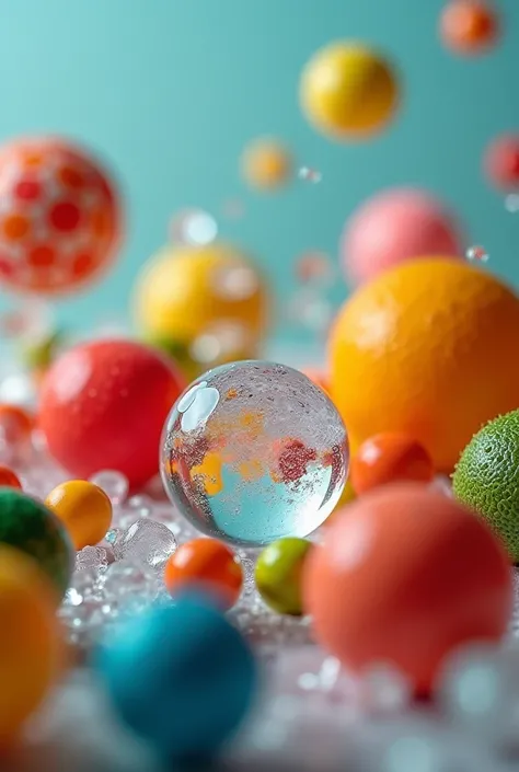 I want to create a 5 second video
(A close-up of several different objects placed in front of the camera, such as balls, fruits, ice cubes, plastic toys, water bottles, and others)