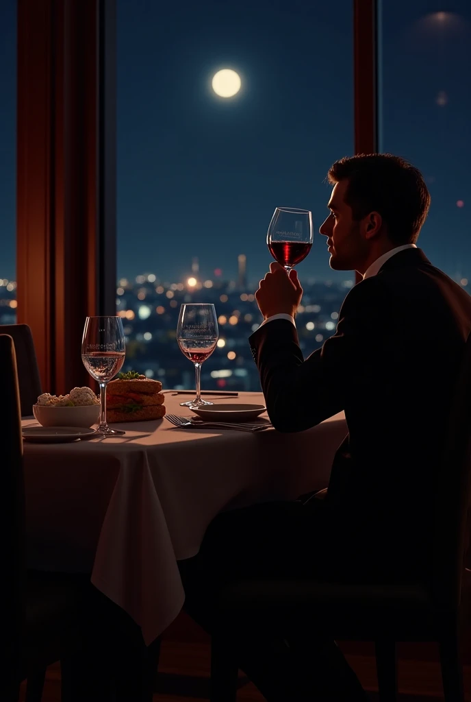 Realistic Italian dinner with Glass of wine , panorami view of Milan at night