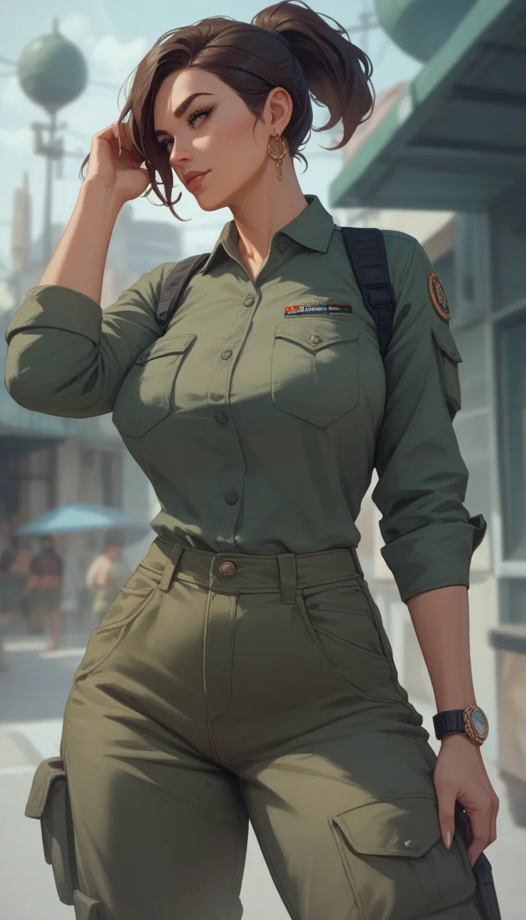 Persian woman, milf with brunette skin and black ponytail hair, her hair parted to right, wears green sleeves curved army shirt, dark grey cargo pants, she stands in a abondened warzone, Acoplypse scene