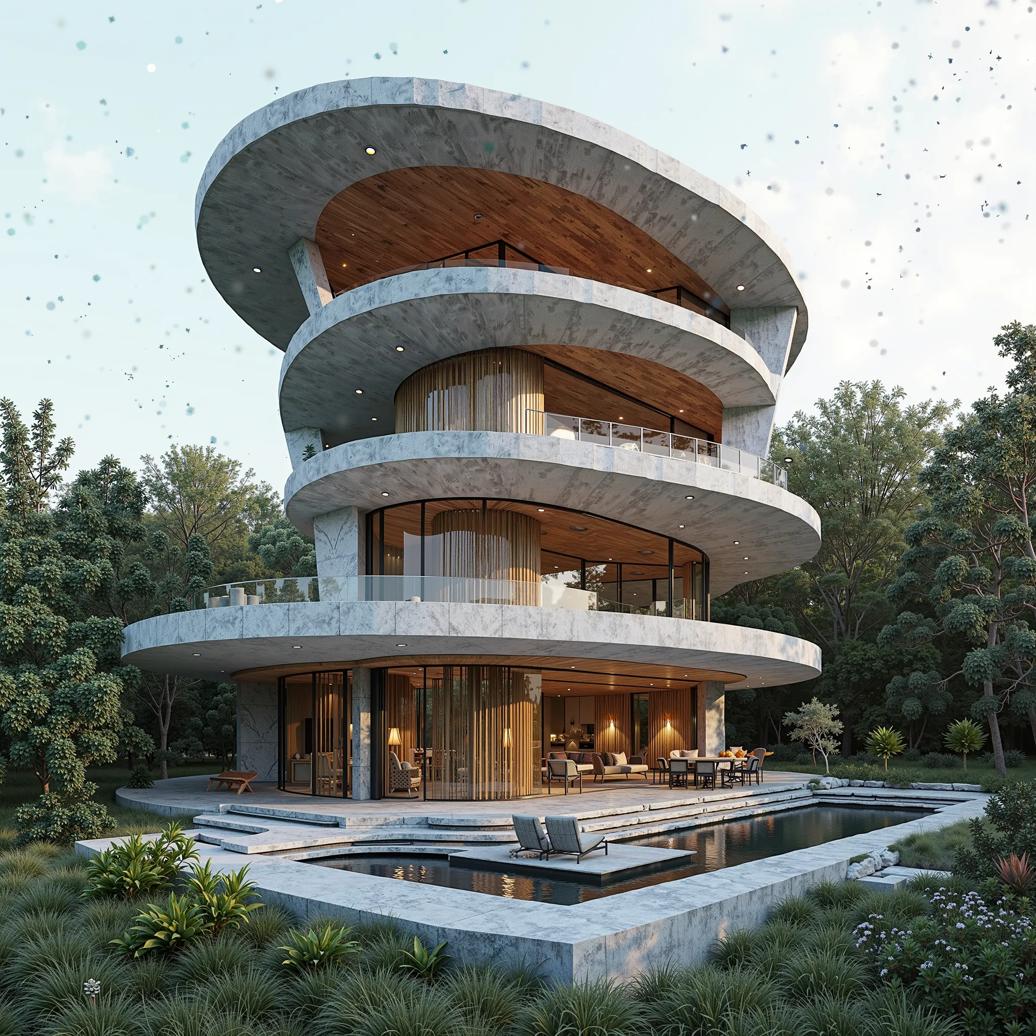 house, architecture, spiral cone, combination of concrete and wood, modern oasis, ultra detailed, Absolute resolution, Masterpiece