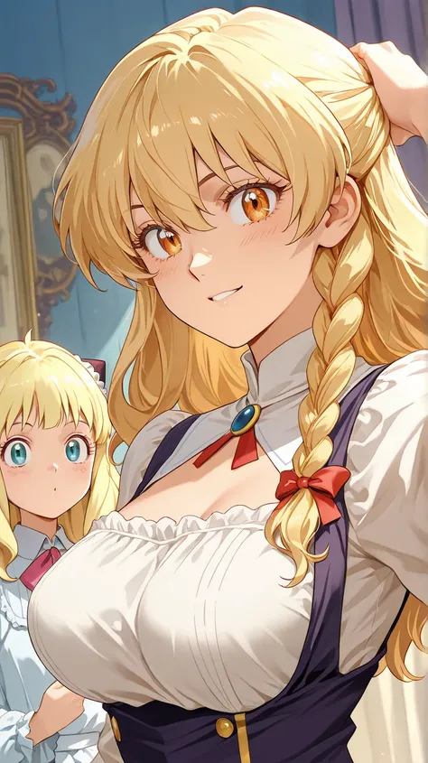 une fille en blouse blanche et jupe noire debout, noed papillon noir dans les cheveux, les bras croisés, un anime inspiré par Li Chevalier, pixiv, art en série, blonde fille anime aux cheveux longs, Marisa Kirisame, marisa aux cerises, Anya de Spy x Family...