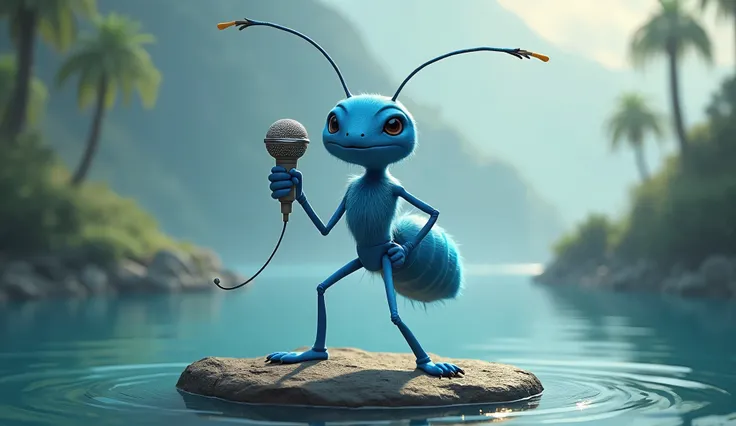 Charismatic blue ant holding a microphone to sing,  singing alone on a small island surrounded by water