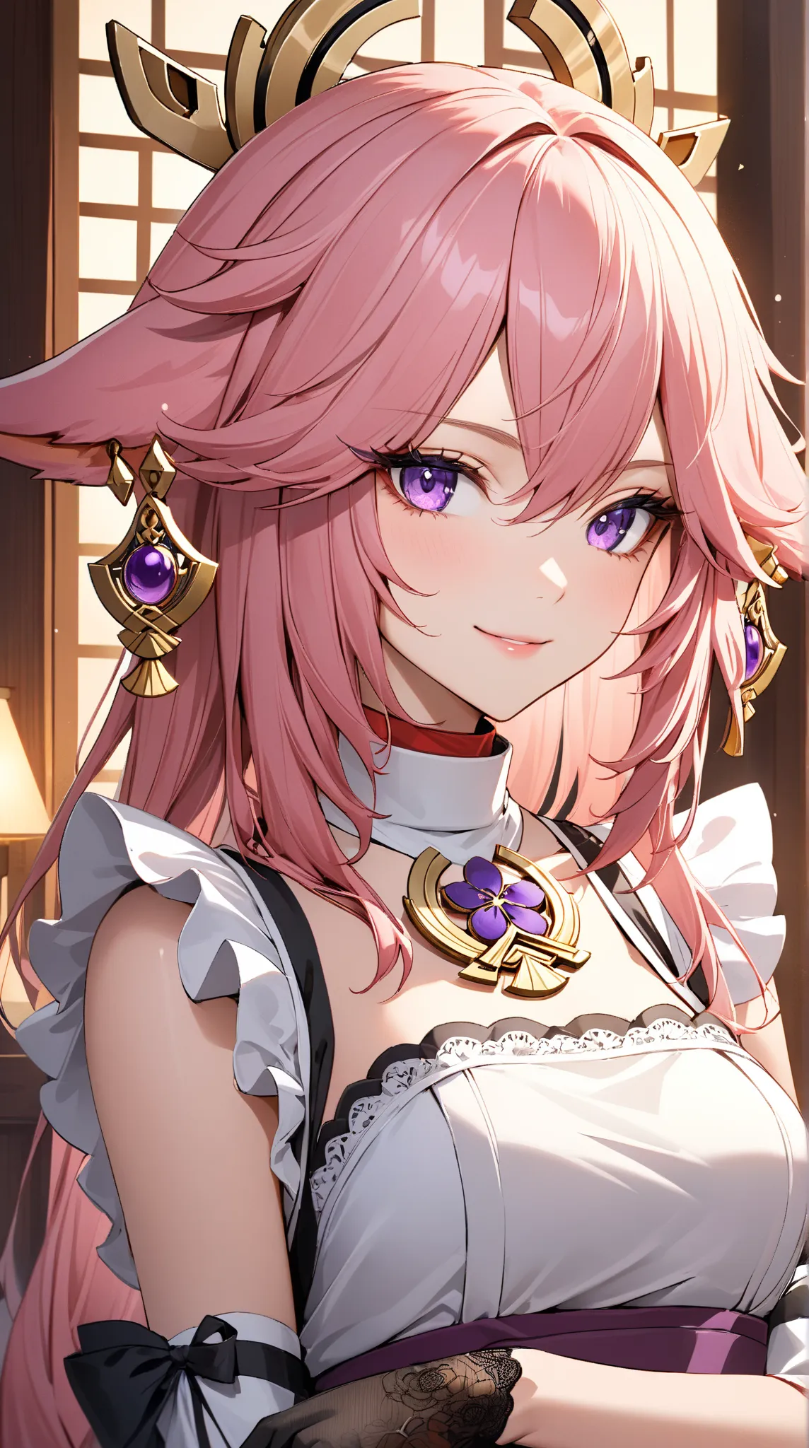 (Extreme close-up, Face-focused portrait)) """Yae Miko from Genshin Impact, a beautiful and elegant kitsune priestess with long pink hair, fox-like ears, and striking violet eyes, dressed in a stylish and refined maid outfit. She wears a classic black and ...