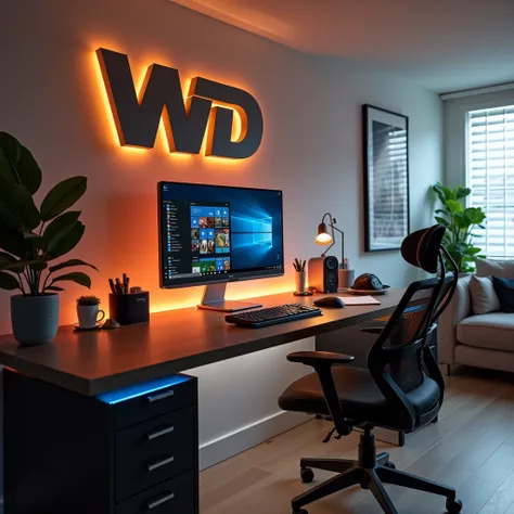 A modern home office station with the brand 'WD' on thewall, LED lighting