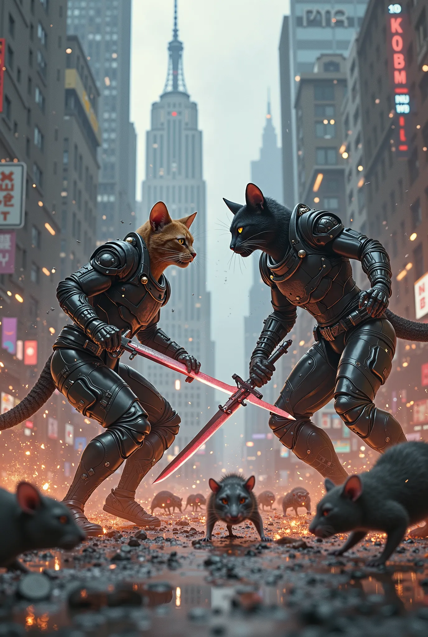 2 future armored cats  ,one with a sword and the other with a dagger come out,In New York  ,fighting super strong rats 