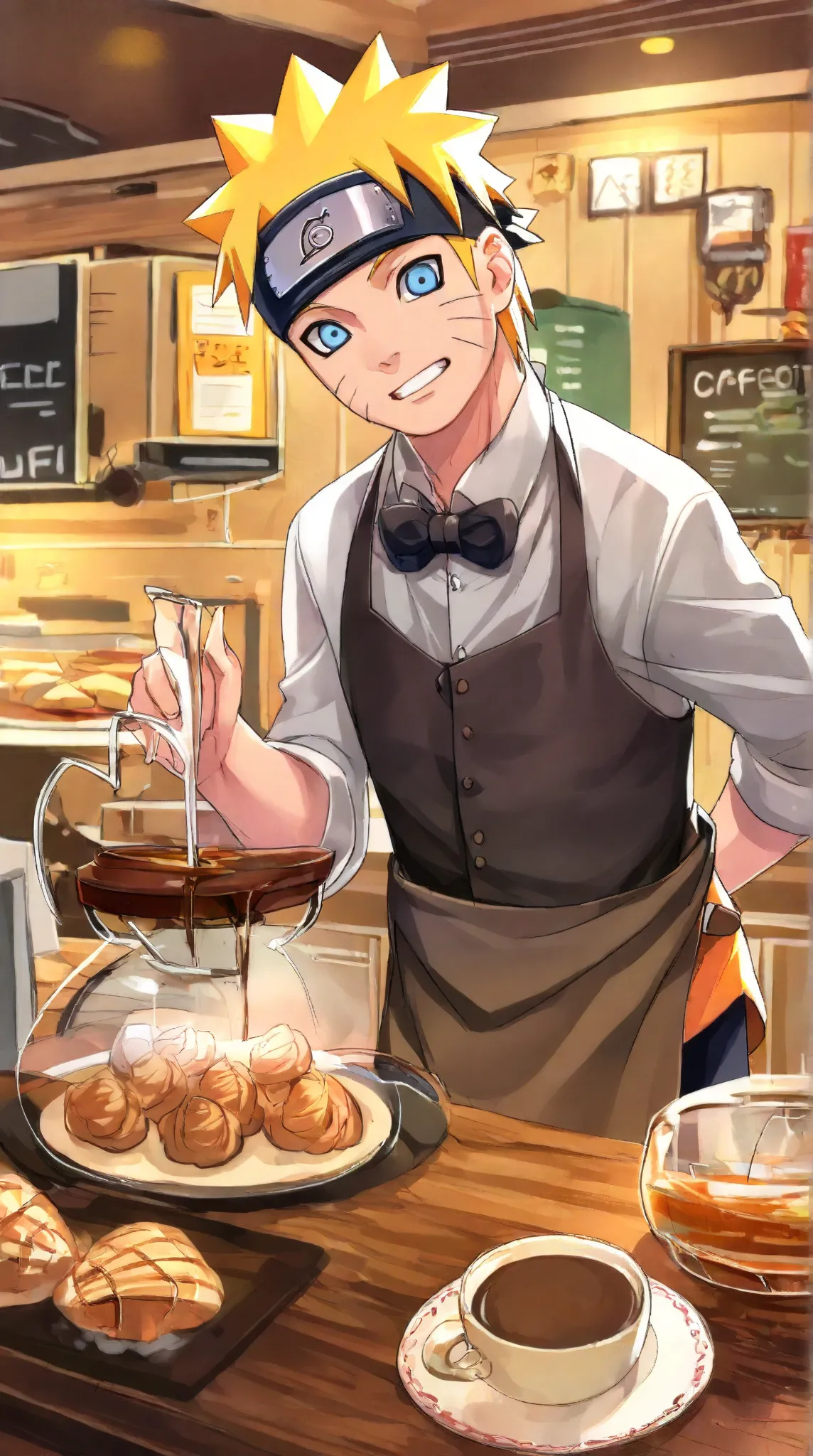 Create a charming and whimsical image of Naruto Uzumaki, the iconic ninja from the Naruto series, dressed as a server. Naruto is depicted wearing a classic server uniform: a crisp white shirt, black vest, and black pants, with a black bow tie and a server'...