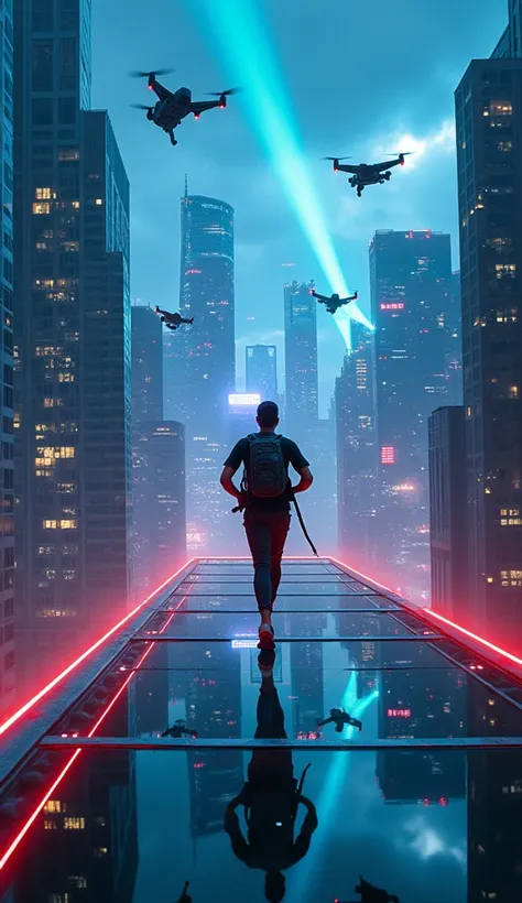 An ultra-realistic point-of-view image (throw), capturing the first-person perspective of someone running across the roofs of a cyberpunk metropolis. The glass floor reflects the lights of the city below. On the horizon, futuristic skyscrapers pierce the c...