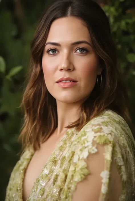 best quality, highres, 8k, masterpiece, photography, detailed midbody photorealistic portrait. Mandy Moore wears a pastel-colored qipao with floral patterns, reminiscent of her style in This Is Us. The fabric is a lustrous emerald green silk with subtle si...