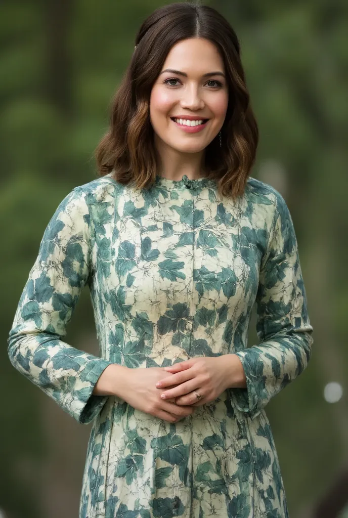 best quality, highres, 8k, masterpiece, photography, detailed midbody photorealistic portrait. Mandy Moore wears a pastel-colored qipao with floral patterns, reminiscent of her style in This Is Us. The fabric is a lustrous emerald green silk with subtle si...