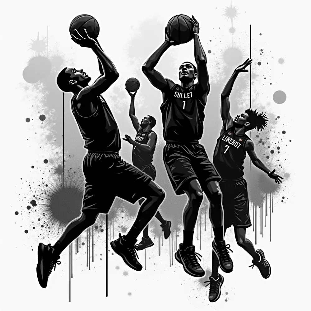 Design a bold and stylish street-style basketball-themed background for a t-shirt in a black-and-white color scheme. The artwork should feature realistic basketball player poses, such as dribbling, dunking, or shooting, capturing the intensity and movement...