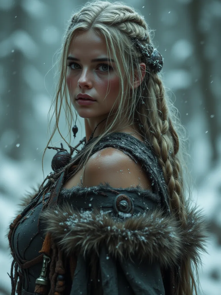 in snow, fullbody busty young model huge breasts, looking back, nipples, blonde viking, viking ornaments, viking fur cape, viking frontal jewelry, blurry and messy braids hair, big boobs, huge boobs, intricate art, viking dreamscape background, (rough oil ...