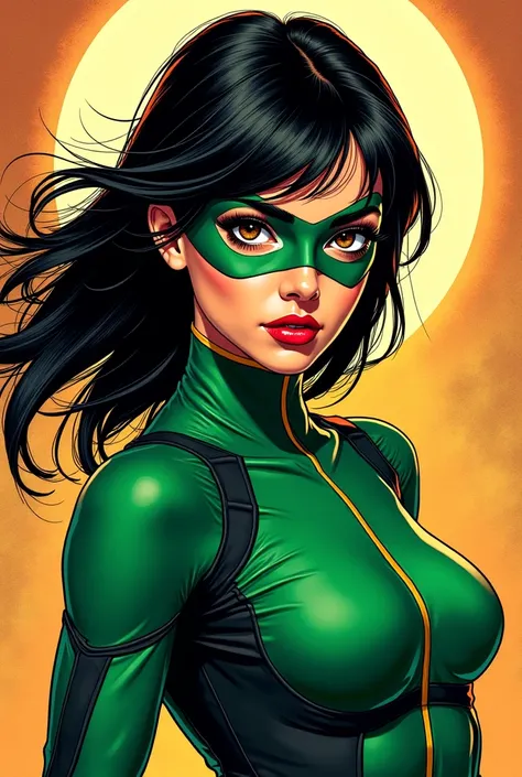 DC comics panel, make me a girl with dark hair and bangs, big brown eyes and very dark red lips wearing a green arrow suit