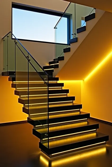 modern staircase with black stone steps and integrated LED strip lighting beneath each step. with Minimalist Glass Railing. The staircase has a sleek, floating design with a yellow-lit glow illuminating the edges. The walls are painted warm beige, and a bl...