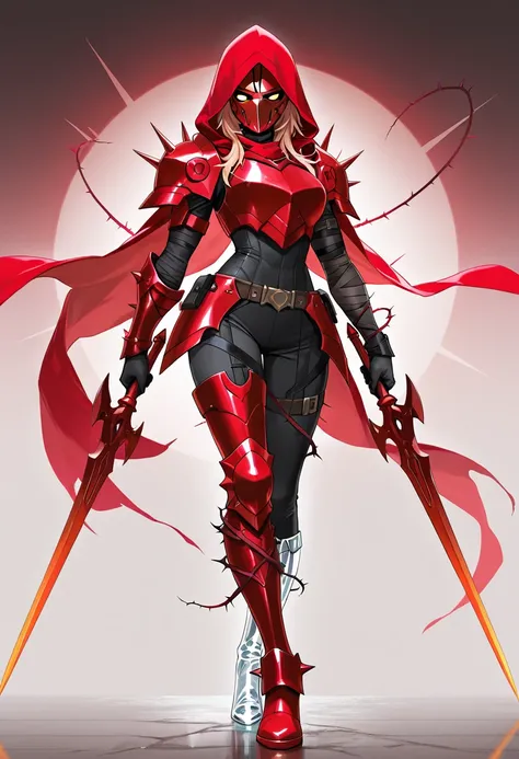 (best quality)), ((masterpiece)),full body,Red Hood、Princess、Mismatched boots 、 glass boots for the right foot 、 red iron boots for the left foot 、I have thorns wrapped around my left arm、iron mask on face