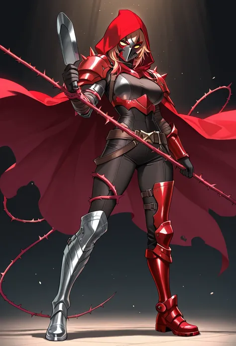 (best quality)), ((masterpiece)),full body,Red Hood、Princess、Mismatched boots 、 glass boots for the right foot 、 red iron boots for the left foot 、I have thorns wrapped around my left arm、iron mask on face