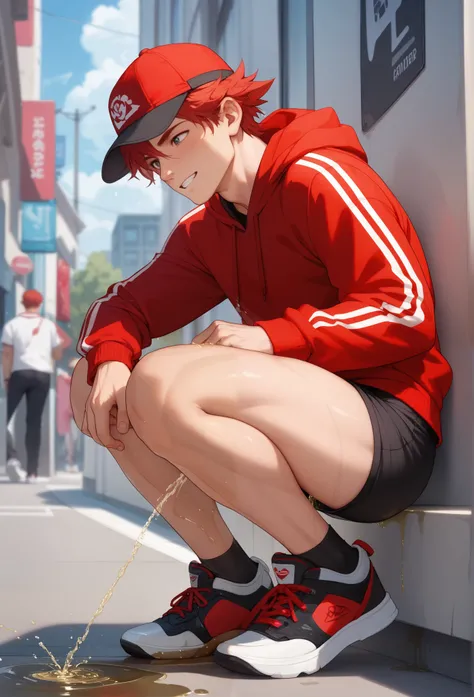 LiaqN.Red haired man.Handsome.Wearing a red hoodie cap black skinny Hi Top Sneakers.He couldn't hold his pee.There is a large pee wet spot on his crotch.Pee stain on his pants.Pee wet spot on his crotch.He is ashamed of peeing himself