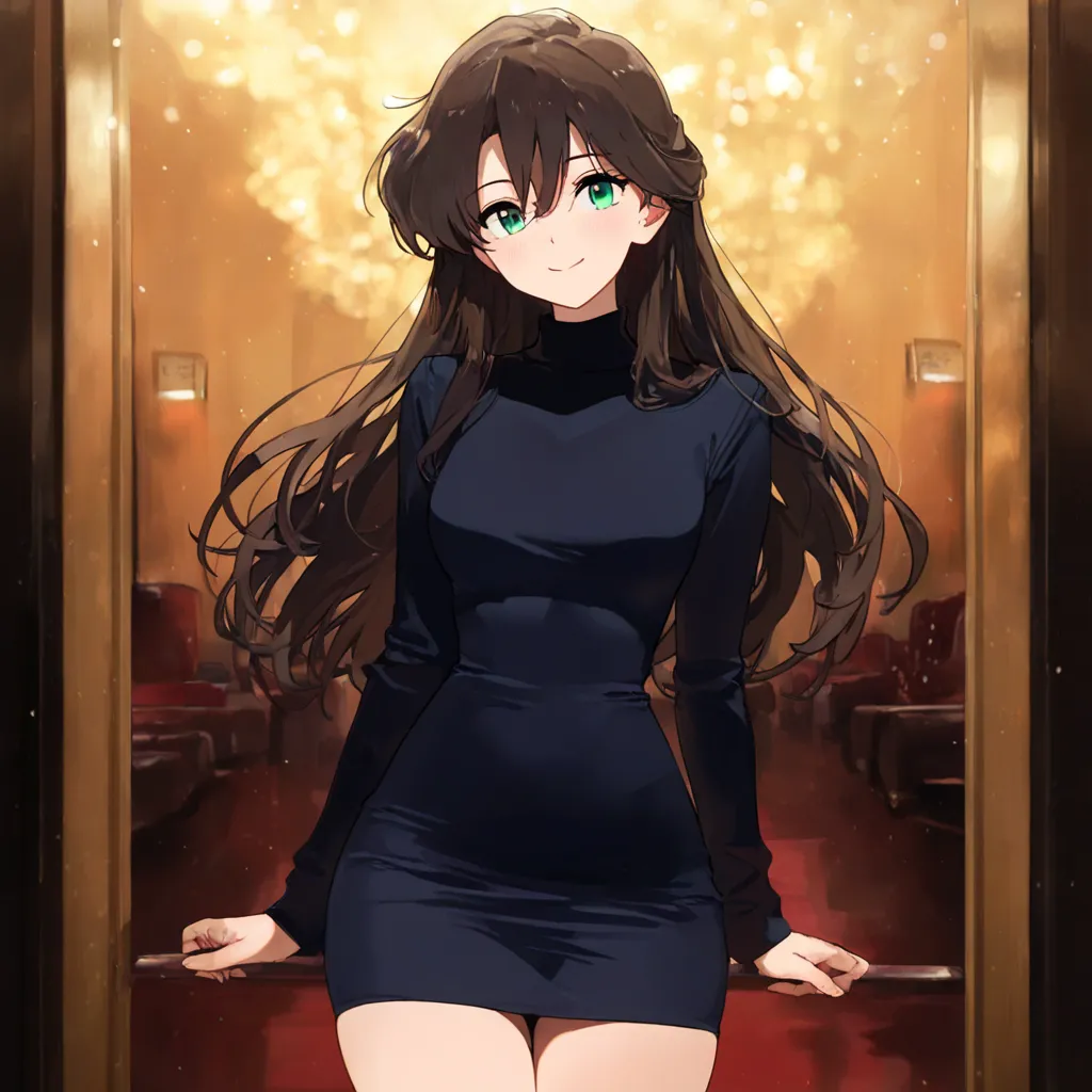  masterpiece,best quality, latest, iris,cowboy shot,1 girl, black brown hair ,green eyes, straight long hair at a fancy hotel, hair between eyes,black turtleneck skirt, black turtleneck mini dress, Smile,smile,Our Lady,