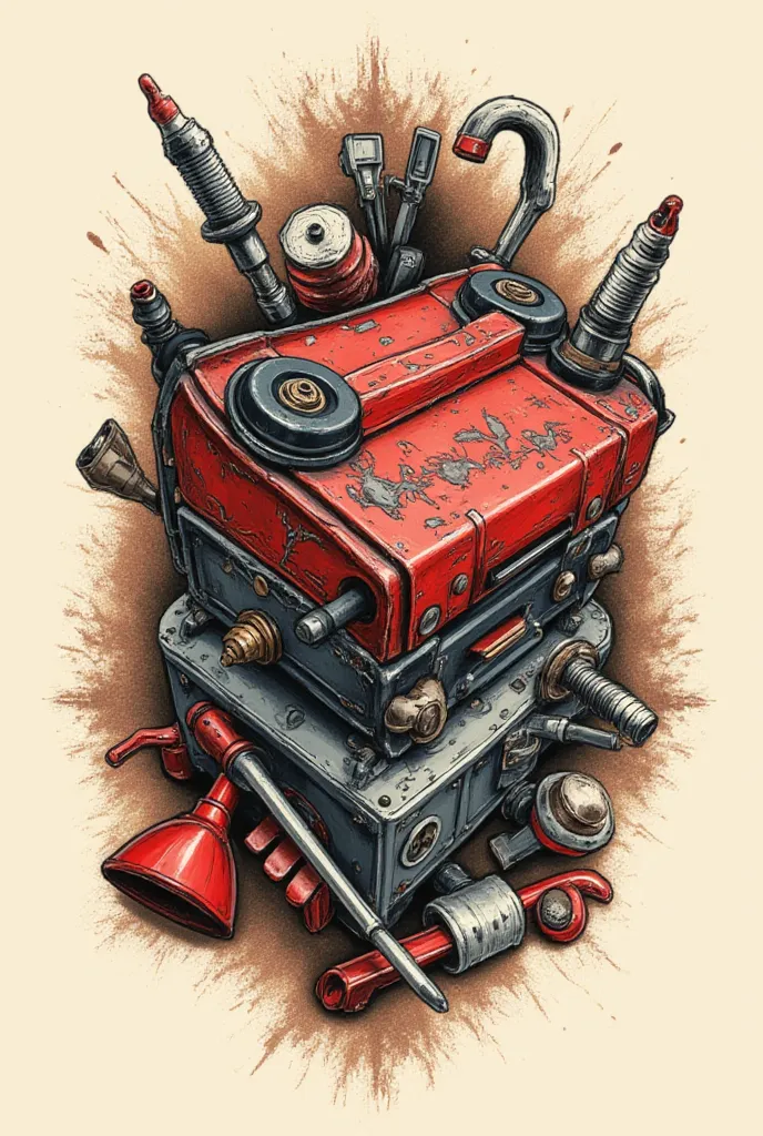 Do you create tattoo design that has a mechanic's toolbox with an automotive jack and mechanic's tools, an automotive funnel and spark plugs, he. Design. It must be for a tattoo 