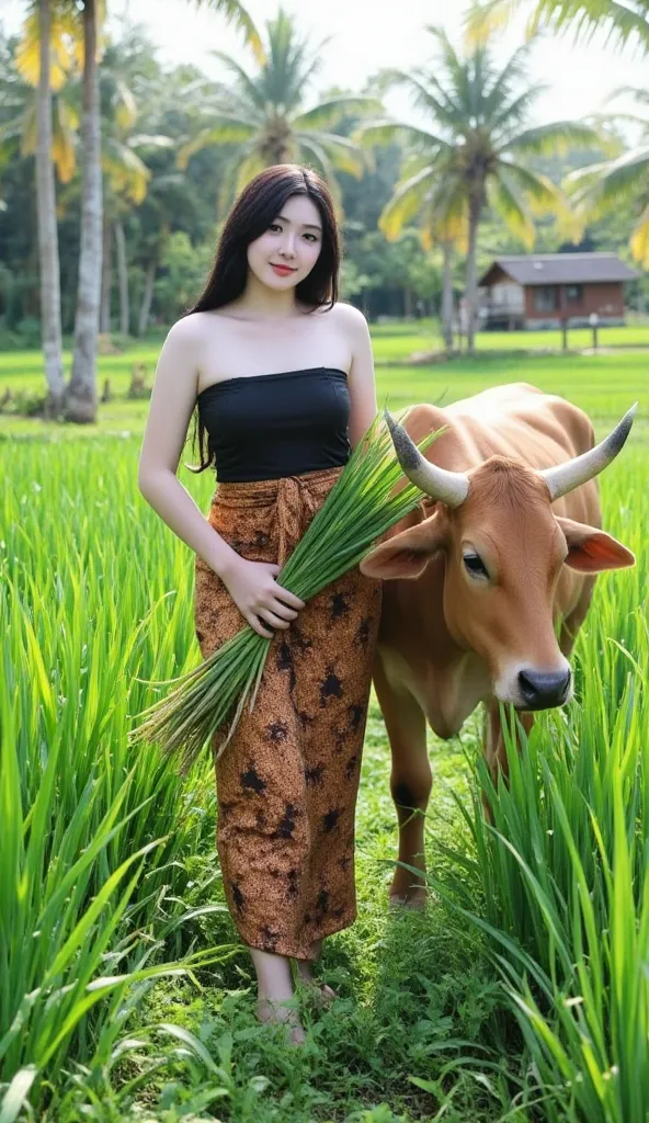 "A beautiful Korean woman with fair skin, a tall and slim figure, wearing a black lowneck tank top and a brown batik sarung wrapped elegantly around her waist. She stands in a lush green field, holding a bundle of fresh grass as she feeds a traditional Jav...