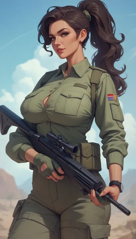 Persian woman, milf with brunette skin and black ponytail hair, her hair parted to right, wears green sleeves curved army shirt, dark grey cargo pants, she stands in a abondened warzone, Acoplypse scene holds rifle