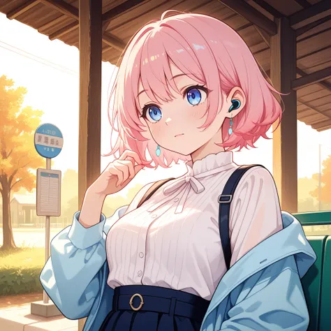 A pretty girl with pink hair,  long straight hair,  blue eyes, with short clothes, big boobs, She is sitting at the bus stop listening to music on the headset with an Arpod