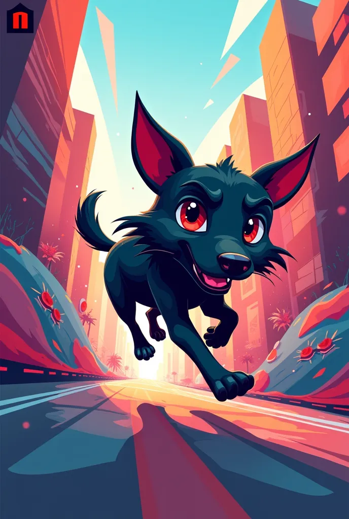 The Black Hair less 3D toon dog runs through a cityscape made of geometric shapes and colorful, abstract designs (representing modern motion graphics).