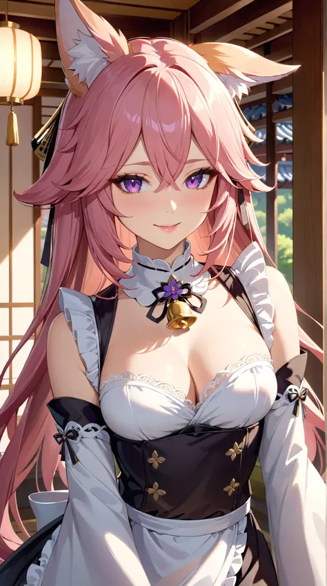 (Extreme close-up, Face-focused portrait)) """Yae Miko from Genshin Impact, a beautiful and elegant kitsune priestess with long pink hair, fox-like ears, and striking violet eyes, dressed in a stylish and refined maid outfit. She wears a classic black and ...