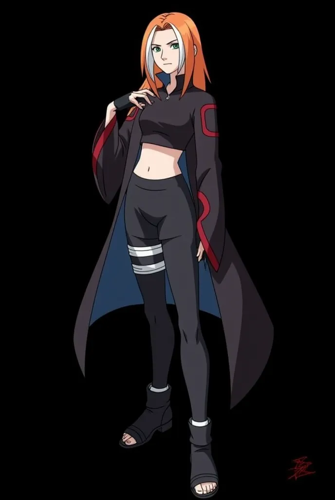  Female character of an 18-year-old girl designed for the Boruto universe: Naruto Next Generarions, in the style of Masashi Kishimoto ,  Aparência:

Age: 18 anos

 Aparência:

 Hair:  long and flaming ,  with an intense orange tone that seems to shine in t...