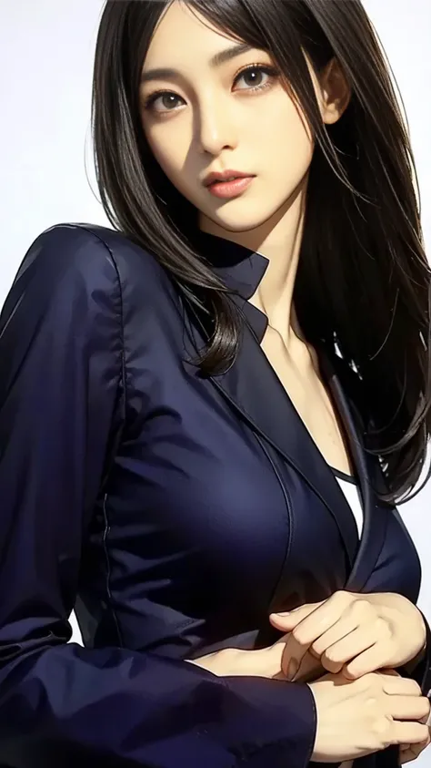 (realistic pictures),(Highest quality)、((８ｋ images)),Alone、beautiful Japanese woman、, (Good looking),very cute,  Symmetrical eyes,Accurate depiction of eyes ,(( Gentle and Gentle Smiles )), black hair,long straight hair,(big breasts:1.3),( Chest Valley:1.2...