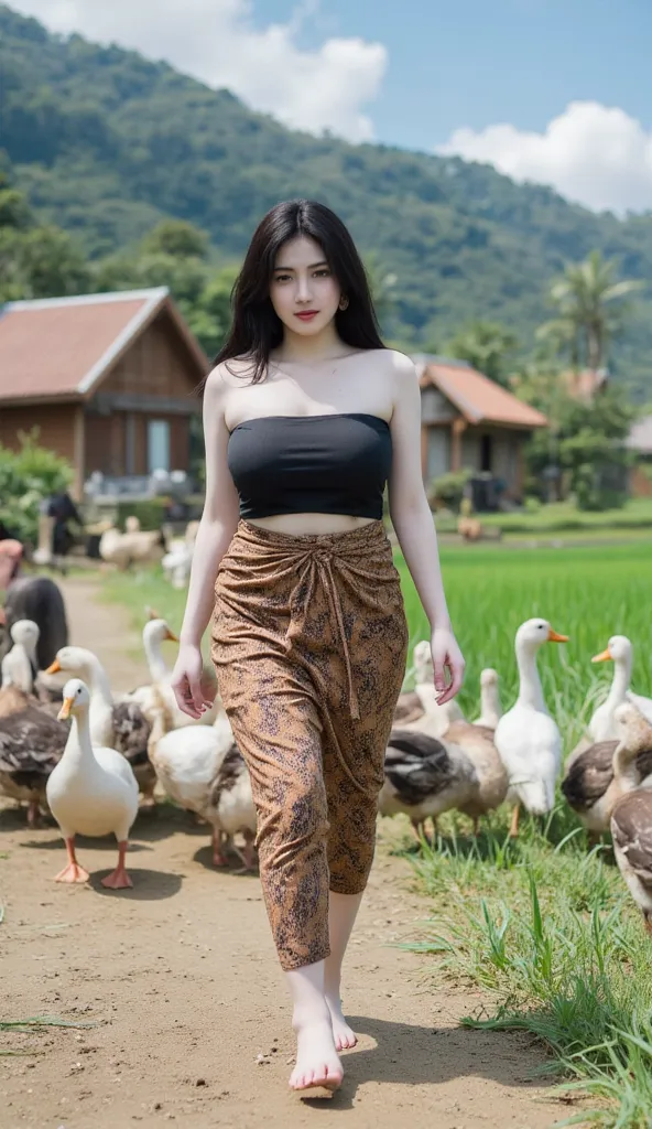 "A stunning Korean woman with fair skin and a tall, slim figure, wearing a black lowneck crop tank top and a brown batik sarung wrapped around her waist. She walks casually along a dirt road in a rural Indonesian village, surrounded by a flock of ducks wad...