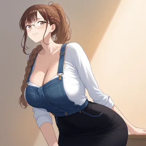 1girl, large breasts, wide hips, wink, pencil skirt, cleavage, leaning forward, hanging breasts, glasses, French braided ponytail, brown hair