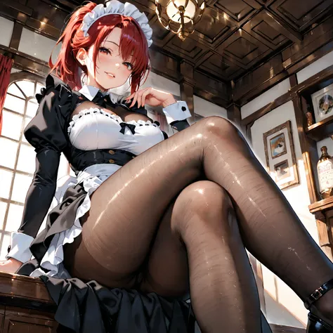 Red ponytail, beautiful woman (((from below))), adult, medium large breasts, maid outfit, sit, cowboy shot,    pantyhose, crossed legs, (masterpiece, the best quality, amazing quality, detailed background, intricate, absurd res, very aesthetic:1.2), seduct...