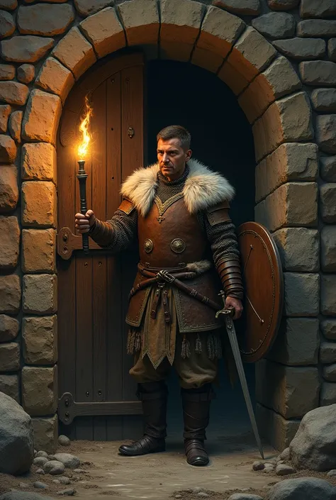 medieval warrior at the door of a dungeon holding a torch in his left hand and in his right a short sword pointed downward, His shield is on his back and he has simple fur armor mixed with mesh. the walls of the dungeon are made of stone and the wooden doo...