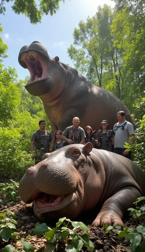 "The hippopotamus, still weak but visibly relieved, lifts its head towards the rescue team with a deep sense of gratitude. The bright sunlight filters through the jungle canopy, casting dappled shadows on the forest floor as the team surrounds the injured ...