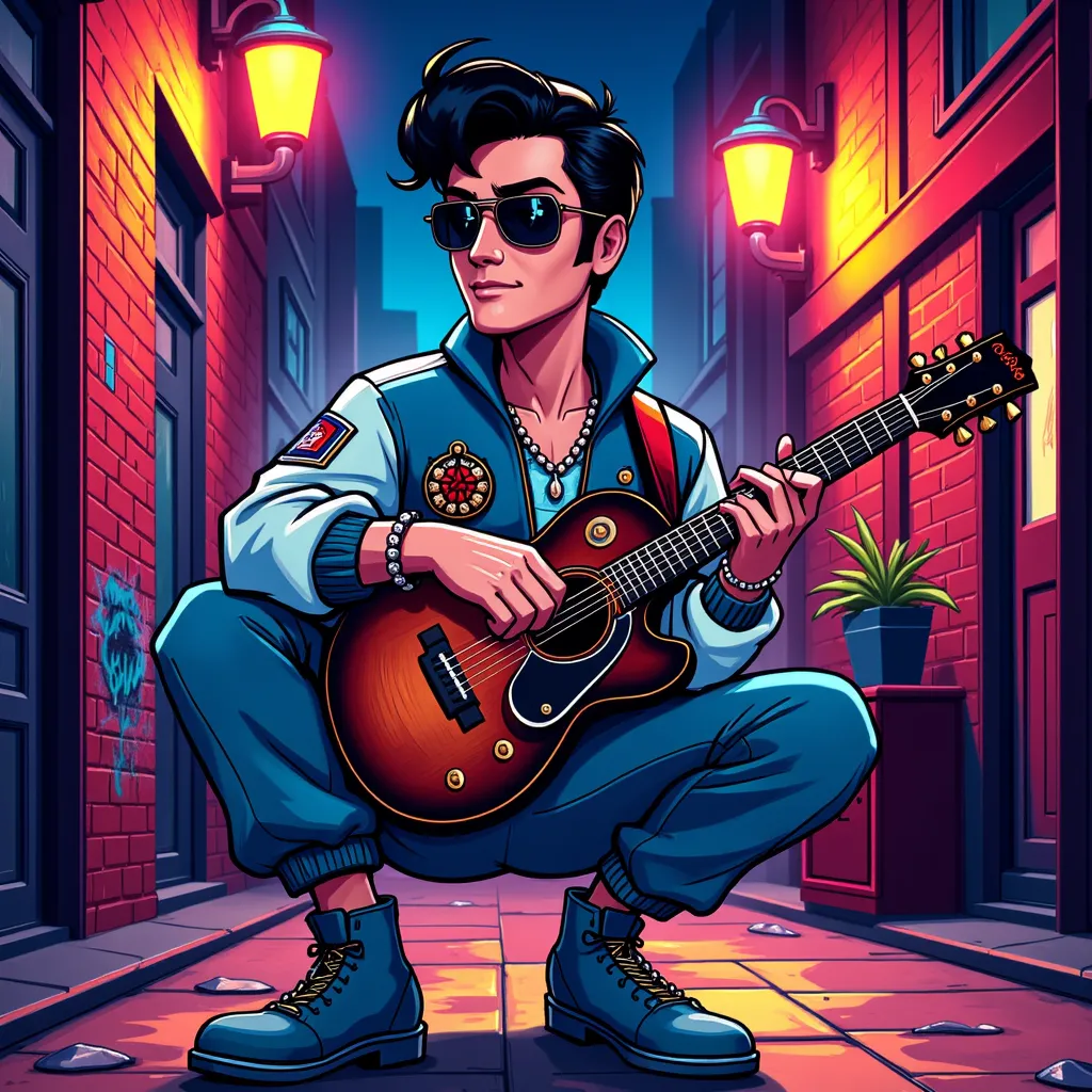 A hyper-detailed, hand-drawn 2D cartoon illustration of Elvis Presley, capturing his exact facial structure, unmistakable charisma, and legendary sloped pompadour in true cartoon/comic-style illustration. His hair is perfectly sculpted, exaggerated just li...