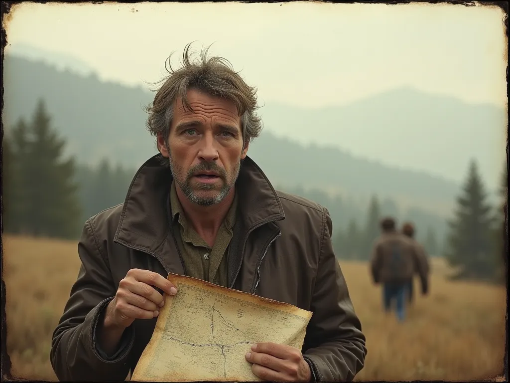 Photo by Brian King, Father Austin, standing in the rugged landscape of Yellowstone National Park, with an expression of anxiety and determination on his face. . He is holding an old map of his son's route, with visible signs of time and use. The wind is t...